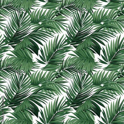 palm leaves in shades of green with white stems seamless pattern background