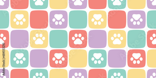 dog paw seamless pattern cat footprint checked christmas pet french bulldog puppy kitten bear vector cartoon doodle gift wrapping paper tile background repeat wallpaper scarf isolated illustration des