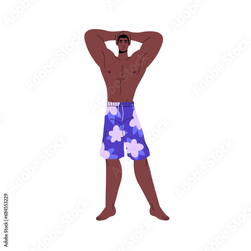 Muscular bodybuilder in beach shorts posing, standing. Strong man, sport athlete with athletic figure, sporty physique. Sexy muscle male body. Flat isolated vector illustration on white background
