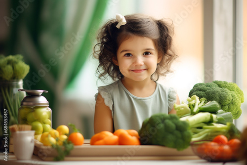 A little girl sits at a table in front of him vegetables, broccoli, carrots, tomatoes, cabbage © johnalexandr