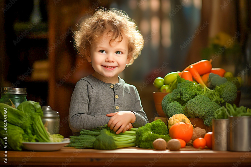 Fototapeta premium A small child sits at the table in front of him vegetables, broccoli, carrots, tomatoes, cabbage