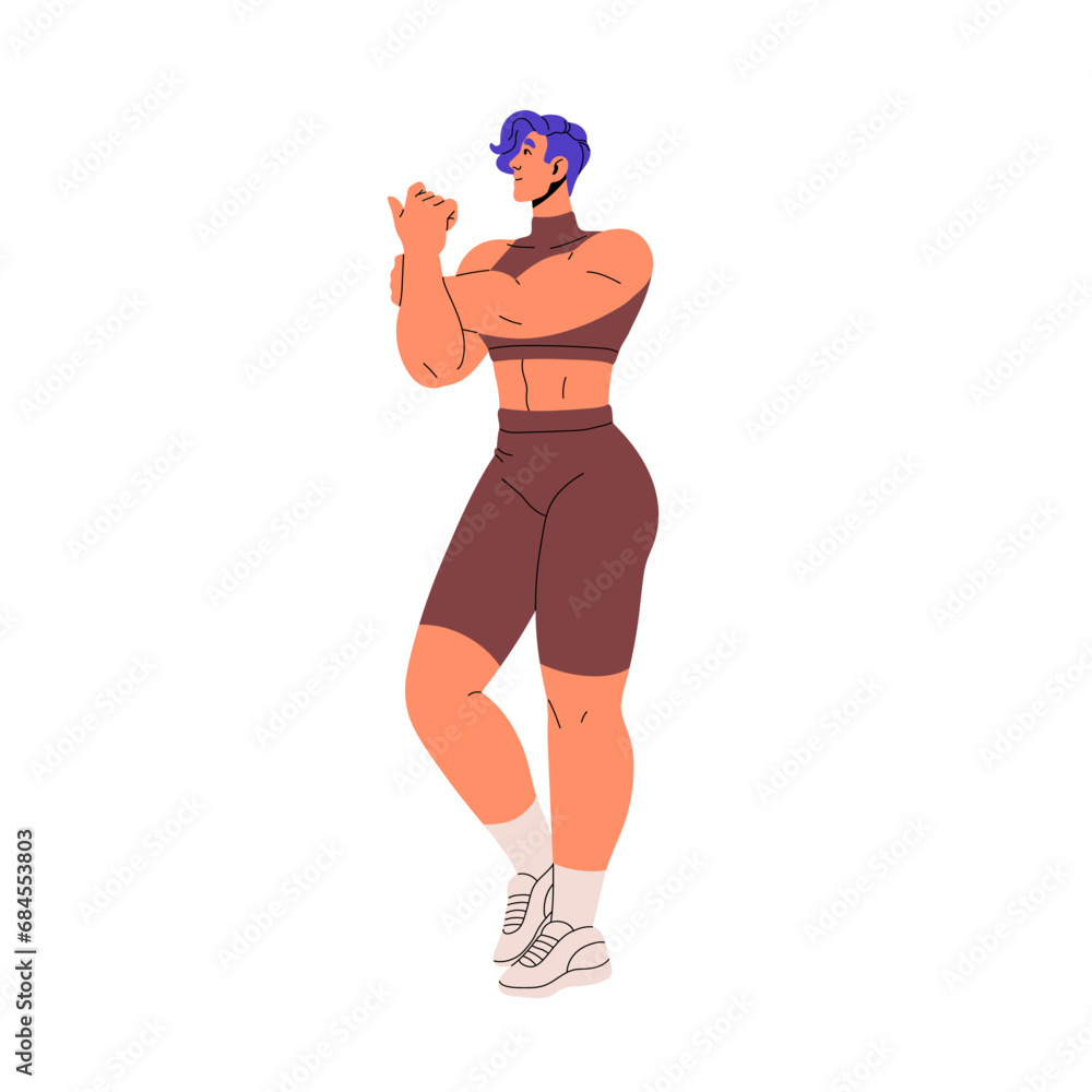 Female bodybuilder with muscular arms, legs. Strong woman with athletic figure, sturdy body, sporty physique. Girl in sportswear. Sport lifestyle. Flat isolated vector illustration on white background