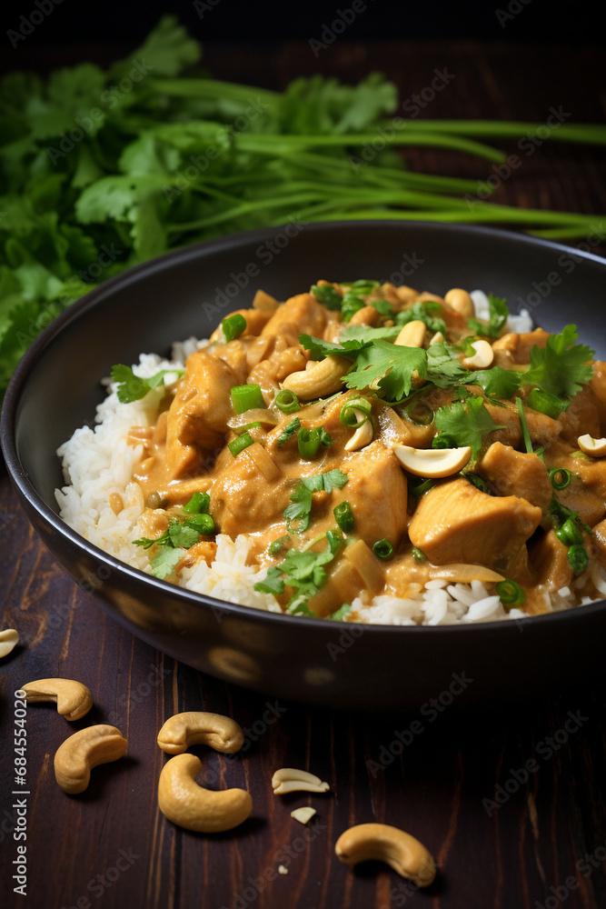 Flavorful Delicacy: Chicken and Cashew Curry Over Rice, Garnished with Cilantro and Green Onion Flavorful Delicacy: Chicken and Cashew Curry Over Rice, Garnished with Cilantro and Green Onion