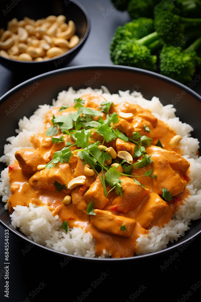 Flavorful Delicacy: Chicken and Cashew Curry Over Rice, Garnished with Cilantro and Green Onion Flavorful Delicacy: Chicken and Cashew Curry Over Rice, Garnished with Cilantro and Green Onion