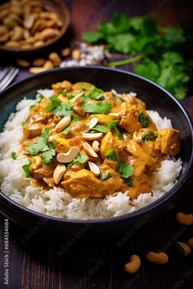 Savory Fusion: Chicken and Cashew Curry Accompanied by Rice, Cilantro, and Green Onion Savory Fusion: Chicken and Cashew Curry Accompanied by Rice, Cilantro, and Green Onion