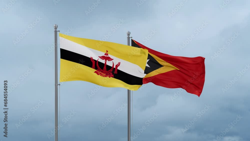 East Timor and Brunei flag waving together on cloudy sky, endless seamless loop, two country cooperation concept East Timor and Brunei flag waving together on cloudy sky, endless seamless loop, two country cooperation concept