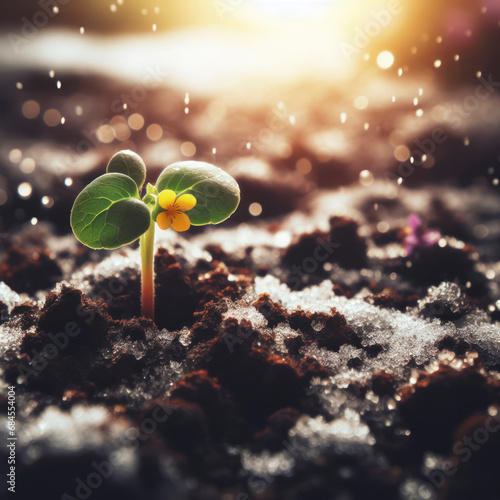 young sprout growing in the soil with little blooming flower, ground with snow. ai generative photo