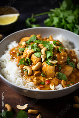 Spiced Harmony: Rice Topped with Chicken and Cashew Curry, Cilantro, and Green Onion