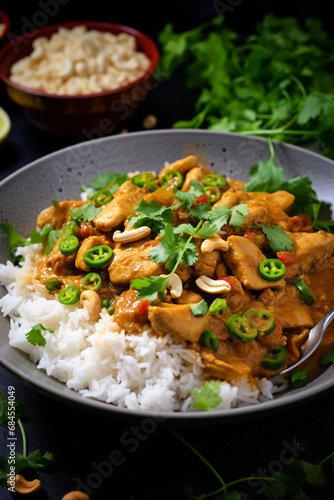 Savory Fusion: Chicken and Cashew Curry Accompanied by Rice, Cilantro, and Green Onion