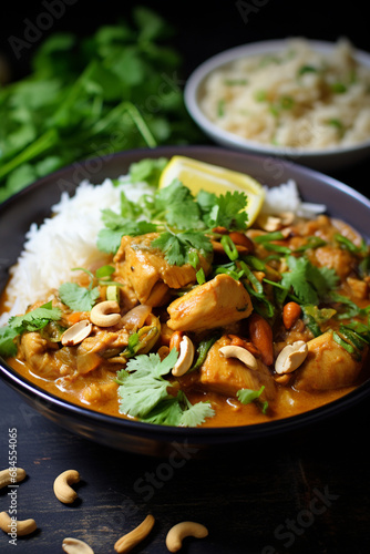 Savory Fusion: Chicken and Cashew Curry Accompanied by Rice, Cilantro, and Green Onion