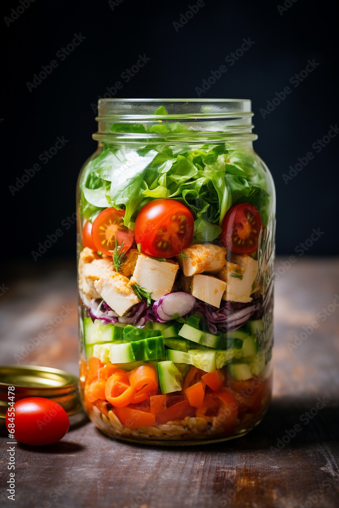 On-the-Go Health Boost: Chicken and Vegetable Salad Jar, Perfect for Quick and Healthy Lunch On-the-Go Health Boost: Chicken and Vegetable Salad Jar, Perfect for Quick and Healthy Lunch