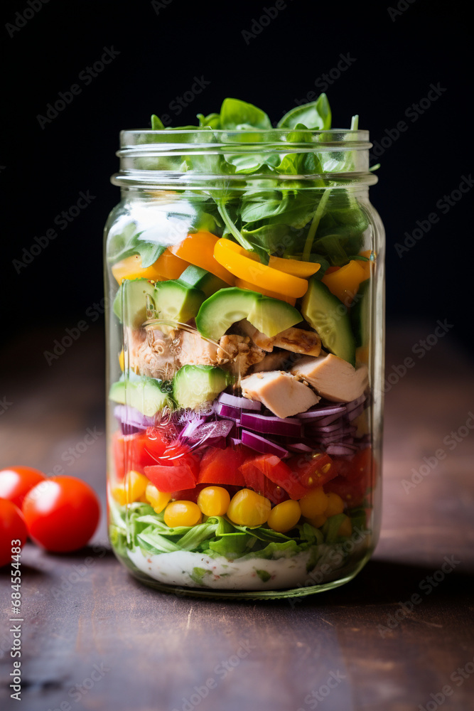 On-the-Go Health Boost: Chicken and Vegetable Salad Jar, Perfect for Quick and Healthy Lunch On-the-Go Health Boost: Chicken and Vegetable Salad Jar, Perfect for Quick and Healthy Lunch