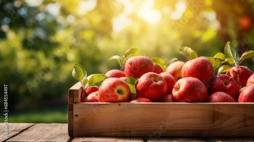 Ripe red organic apples in a grassy garden under an apple tree In an old wooden crate With copyspace for text