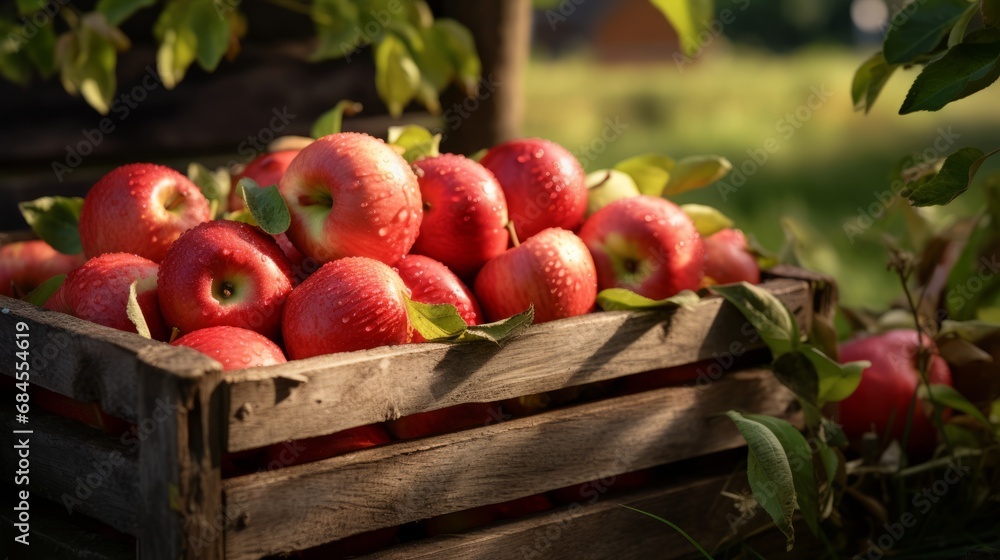 Ripe red organic apples in a grassy garden under an apple tree In an old wooden crate With copyspace for text Ripe red organic apples in a grassy garden under an apple tree In an old wooden crate With copyspace for text