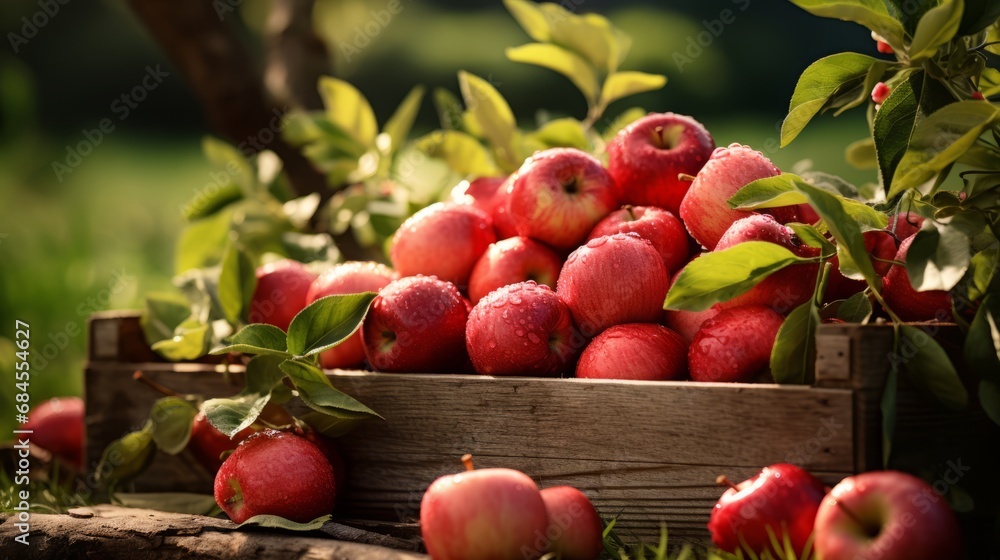 Ripe red organic apples in a grassy garden under an apple tree In an old wooden crate With copyspace for text Ripe red organic apples in a grassy garden under an apple tree In an old wooden crate With copyspace for text