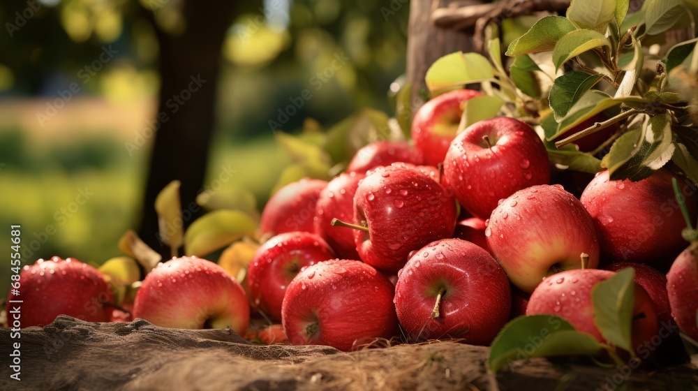Ripe red organic apples in a grassy garden under an apple tree In an old wooden crate With copyspace for text Ripe red organic apples in a grassy garden under an apple tree In an old wooden crate With copyspace for text