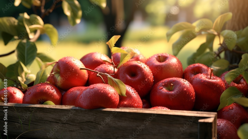 Ripe red organic apples in a grassy garden under an apple tree In an old wooden crate With copyspace for text Ripe red organic apples in a grassy garden under an apple tree In an old wooden crate With copyspace for text