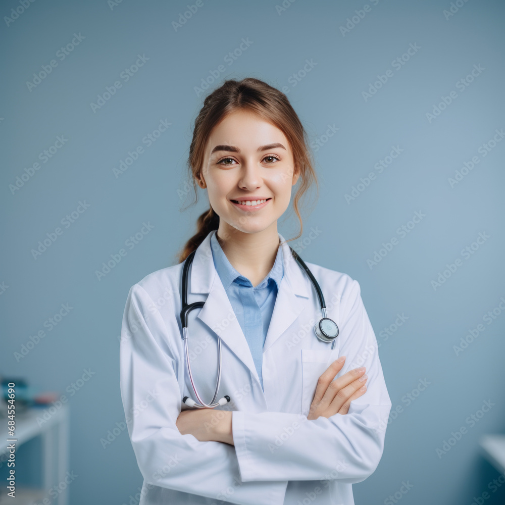 Beautiful smiling female doctor standing in white coat in hospital Beautiful smiling female doctor standing in white coat in hospital