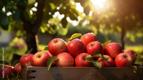 Ripe red organic apples in a grassy garden under an apple tree In an old wooden crate With copyspace for text