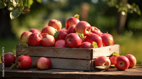 Ripe red organic apples in a grassy garden under an apple tree In an old wooden crate With copyspace for text