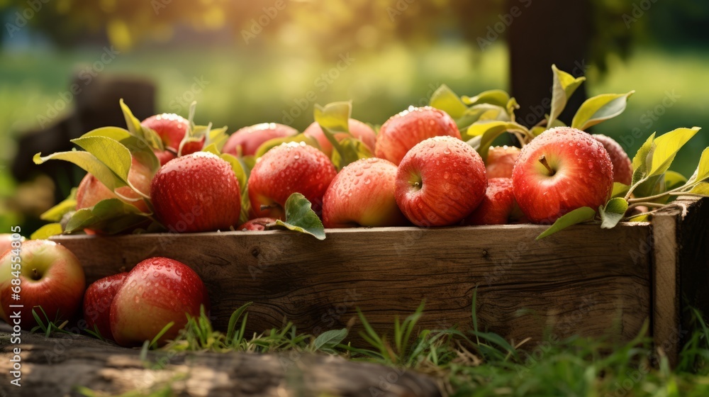 Ripe red organic apples in a grassy garden under an apple tree In an old wooden crate With copyspace for text Ripe red organic apples in a grassy garden under an apple tree In an old wooden crate With copyspace for text