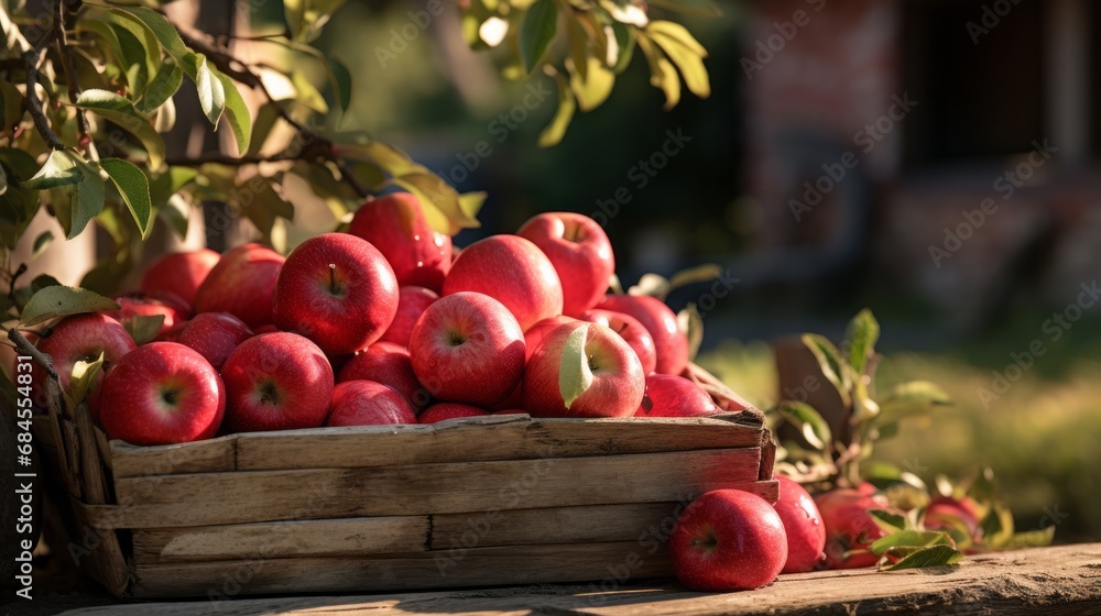 Ripe red organic apples in a grassy garden under an apple tree In an old wooden crate With copyspace for text Ripe red organic apples in a grassy garden under an apple tree In an old wooden crate With copyspace for text