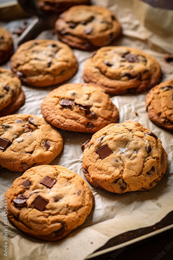 Homemade Goodness: Chocolate Chip Cookies Fresh Out of the Oven on Parchment Paper Homemade Goodness: Chocolate Chip Cookies Fresh Out of the Oven on Parchment Paper
