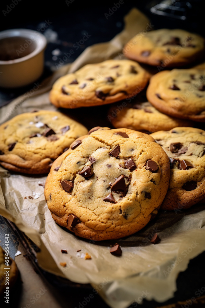 Homemade Goodness: Chocolate Chip Cookies Fresh Out of the Oven on Parchment Paper