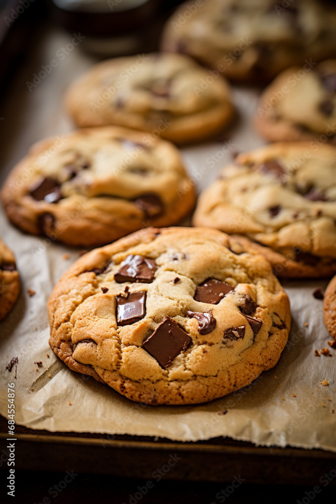 Warm Treats: Freshly Baked Chocolate Chip Cookies on Parchment Paper
