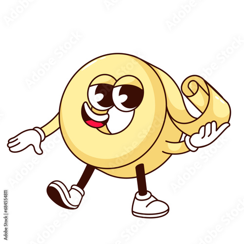 Groovy roll of adhesive tape character vector illustration. Cartoon isolated cute retro school or office stationery sticker of rolled sticky yellow tape, happy mascot with funny face, legs and arms