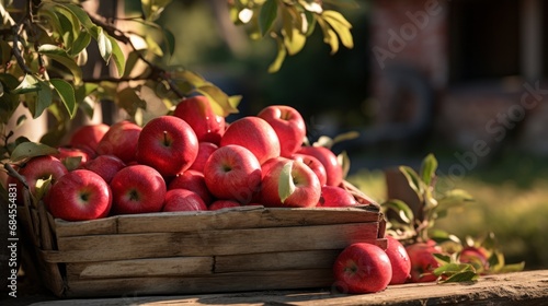 Ripe red organic apples in a grassy garden under an apple tree In an old wooden crate With copyspace for text