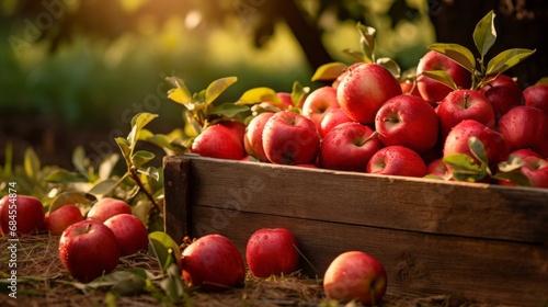 Ripe red organic apples in a grassy garden under an apple tree In an old wooden crate With copyspace for text