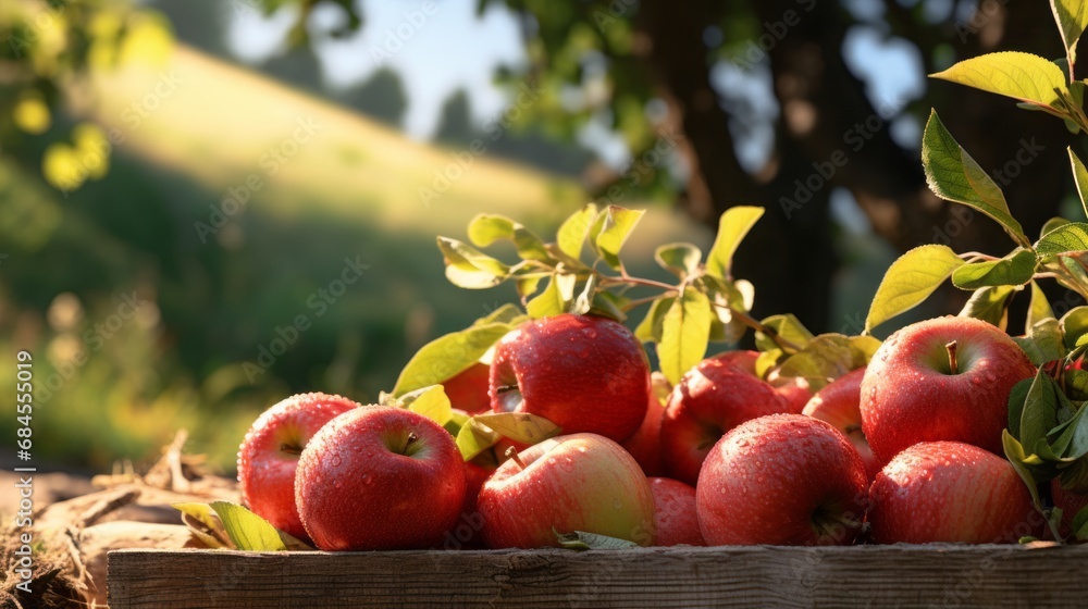 Ripe red organic apples in a grassy garden under an apple tree In an old wooden crate With copyspace for text Ripe red organic apples in a grassy garden under an apple tree In an old wooden crate With copyspace for text