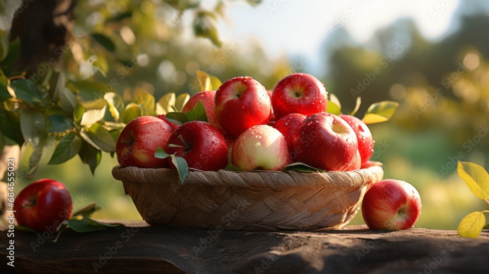 Ripe red organic apples in a grassy garden under an apple tree In an old wooden crate With copyspace for text Ripe red organic apples in a grassy garden under an apple tree In an old wooden crate With copyspace for text