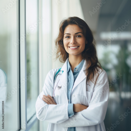 Beautiful smiling female doctor standing in white coat in hospital