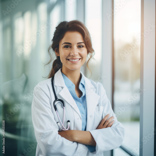 Beautiful smiling female doctor standing in white coat in hospital