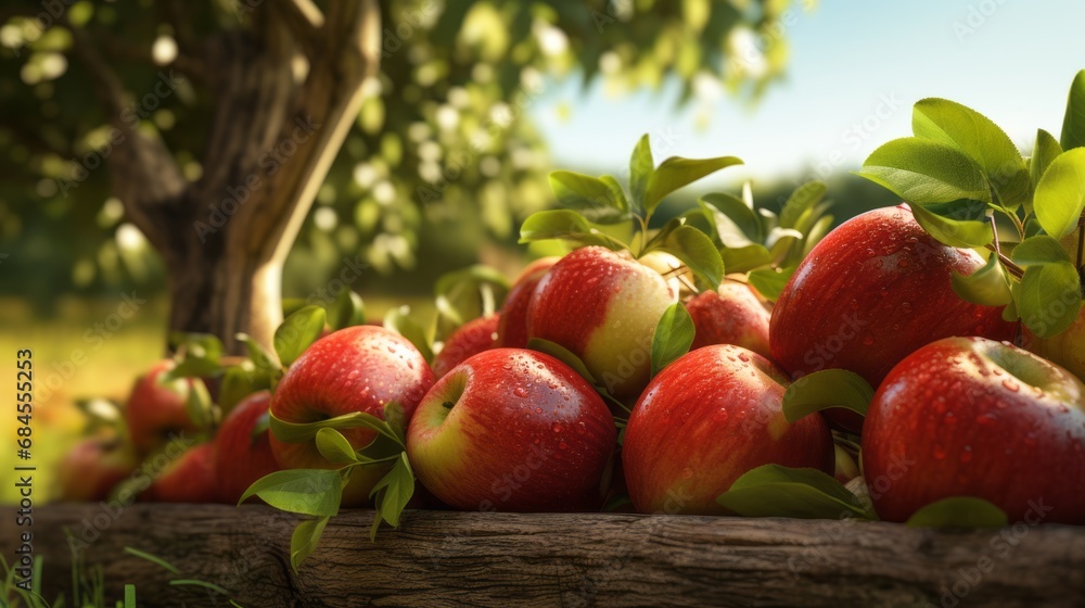 Ripe red organic apples in a grassy garden under an apple tree In an old wooden crate With copyspace for text Ripe red organic apples in a grassy garden under an apple tree In an old wooden crate With copyspace for text