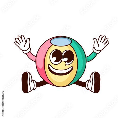Groovy beach ball character vector illustration. Cartoon isolated retro cute sticker of summer pool party with inflatable happy rubber ball jumping in air, fun jump of toy mascot with arms and legs