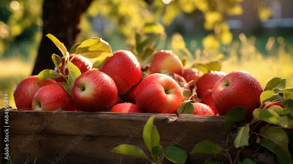 Ripe red organic apples in a grassy garden under an apple tree In an old wooden crate With copyspace for text Ripe red organic apples in a grassy garden under an apple tree In an old wooden crate With copyspace for text