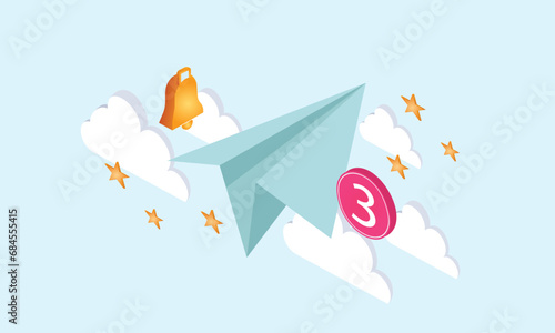 3d minimal paper plane mail icon with bell notification for new message. Minimal 3d email sent letter to social media marketing. Subscribe to newsletter. on pastel blue background.
