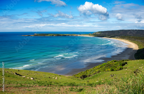 Tautuku Bay, in Catlins National Park. A secluded bay in Southland, New Zealand on a fine summer day