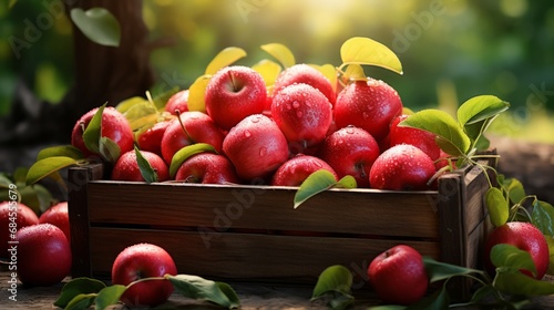 Ripe red organic apples in a grassy garden under an apple tree In an old wooden crate With copyspace for text