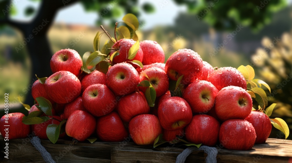 Ripe red organic apples in a grassy garden under an apple tree In an old wooden crate With copyspace for text Ripe red organic apples in a grassy garden under an apple tree In an old wooden crate With copyspace for text