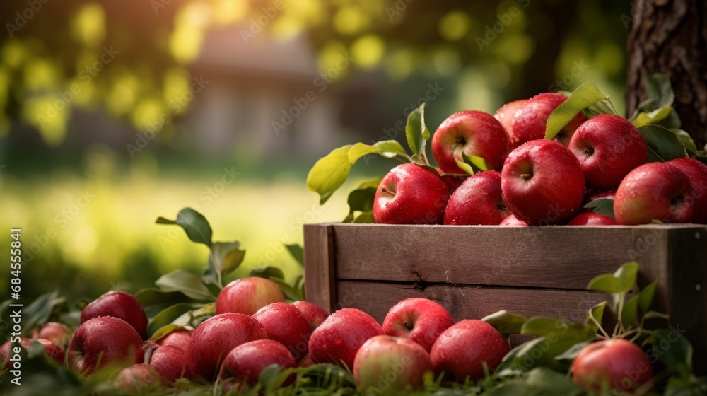 Ripe red organic apples in a grassy garden under an apple tree In an old wooden crate With copyspace for text Ripe red organic apples in a grassy garden under an apple tree In an old wooden crate With copyspace for text