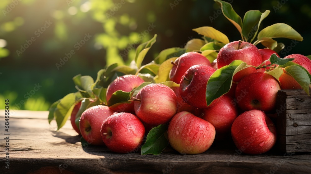 Ripe red organic apples in a grassy garden under an apple tree In an old wooden crate With copyspace for text Ripe red organic apples in a grassy garden under an apple tree In an old wooden crate With copyspace for text