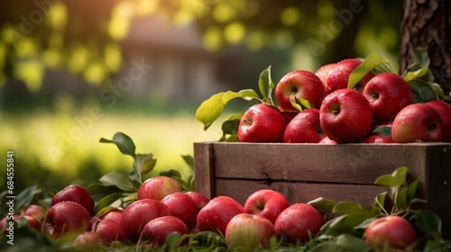 Ripe red organic apples in a grassy garden under an apple tree In an old wooden crate With copyspace for text