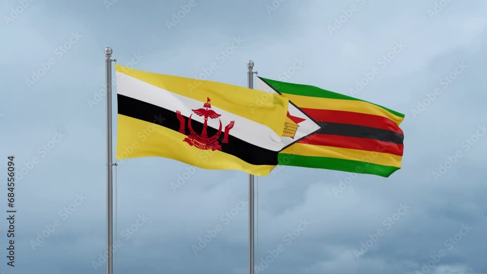 Zimbabwe and Brunei flag waving together on cloudy sky, endless seamless loop, two country cooperation concept Zimbabwe and Brunei flag waving together on cloudy sky, endless seamless loop, two country cooperation concept