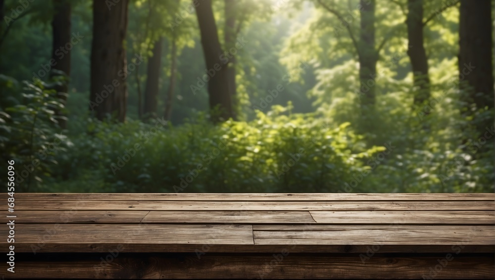 Empty old wooden table with green nature background Empty old wooden table with green nature background