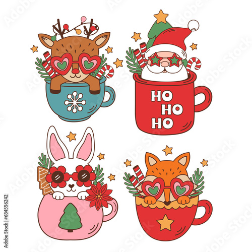 set of isolated groovy Christmas cups with animals and Santa