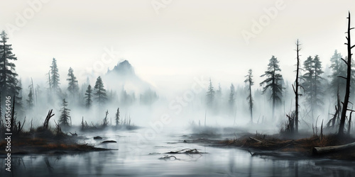 Swamp with trees in misty fog at sunrise. Tranquil, moody landscape. Generative AI photo